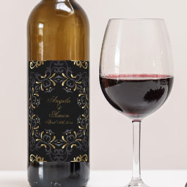 Etiqueta Para Botella De Vino Moda De Fancy Boda De Marco Negro Y Barroco Oro