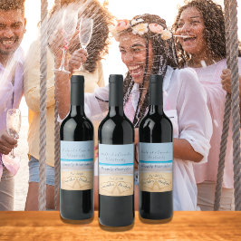 Etiqueta Para Botella De Vino Moda Dusty Blue Beach Wedding 2 Heart Sand