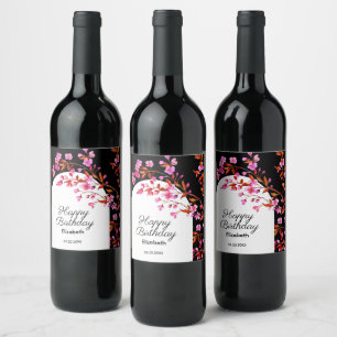Etiqueta Para Botella De Vino Moda Flor de cerezo Sakura Cumpleaños Blanco Negro