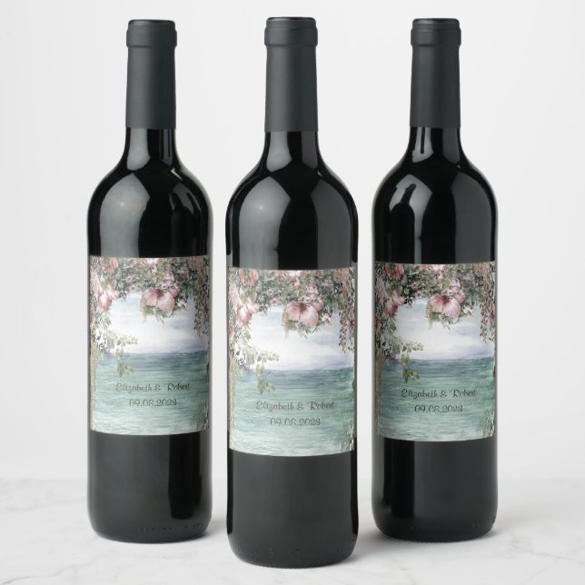 Etiqueta Para Botella De Vino Moda Flores Boda oceánico (Botellas)