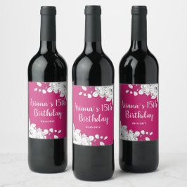 Etiqueta Para Botella De Vino Moda Magenta moderna Floral blanca 15º cumpleaños