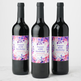 Etiqueta Para Botella De Vino Moda Morado Acuarela Floral 40 cumpleaños feliz
