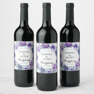 Etiqueta Para Botella De Vino Moda Morado Acuarela Floral Boda Gracias