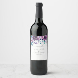 Etiqueta Para Botella De Vino Moda Morado Floral y Boda Plateado Monograma