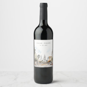 Etiqueta Para Botella De Vino Moda Orlando Florida Skyline Watercolor Boda