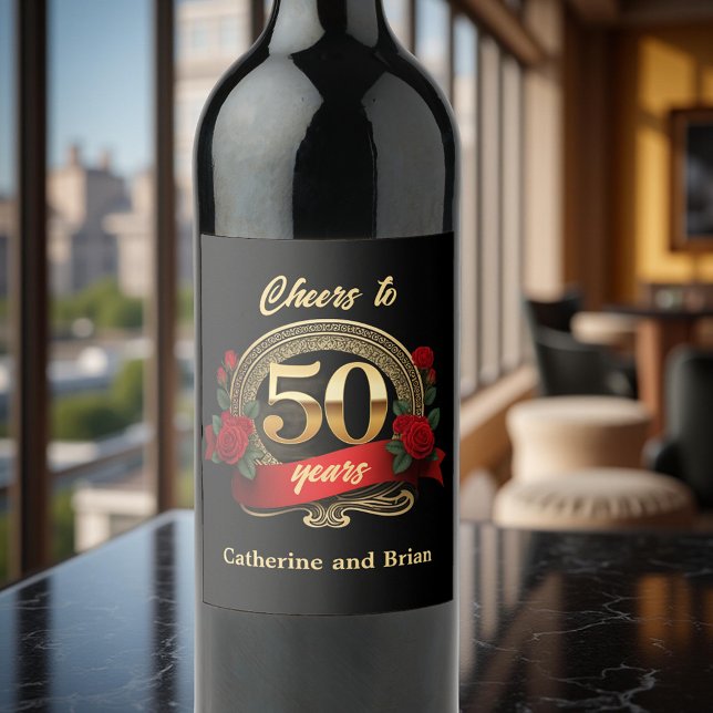 Etiqueta Para Botella De Vino Moda Roses Rojos y el Oro 50 Aniversario Boda (Subido por el creador)