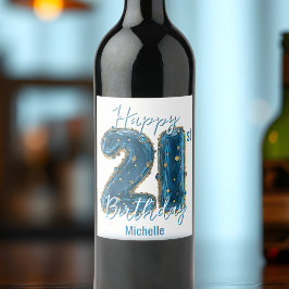 Etiqueta Para Botella De Vino Moda Sapphire Azul y Oro 21 cumpleaños