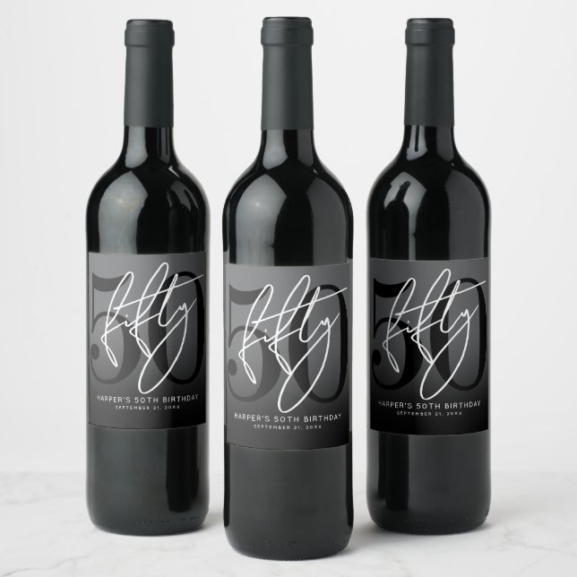 Etiqueta Para Botella De Vino Modern Black 50th Birthday Party (Botellas)