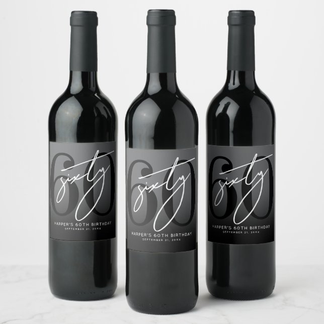 Etiqueta Para Botella De Vino Modern Black 60th Birthday Party (Botellas)