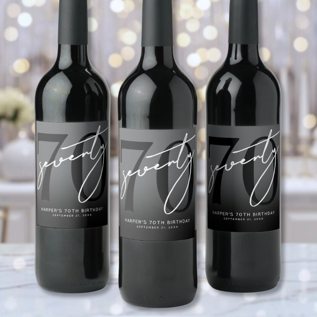 Etiqueta Para Botella De Vino Modern Black 70th Birthday Party (Modern Black 70th Birthday Party Wine Label)