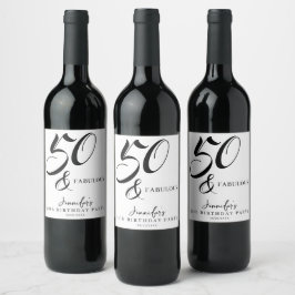 Etiqueta Para Botella De Vino Modern Elegant Black White Fifty Fabulous Birthday