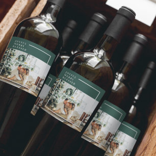 Etiqueta Para Botella De Vino Modern Family Photo   Joyful Merry Blessed   Green