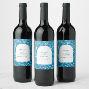 Etiqueta Para Botella De Vino Moderna acuarela Blue Ocean Beach Wedding