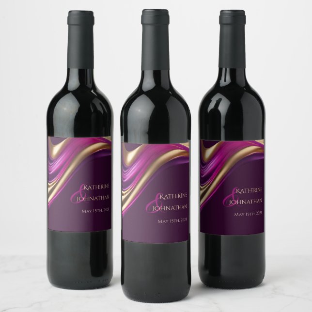 Etiqueta Para Botella De Vino Moderna mesa Boda Decor-Morado Fuchsia y Oro (Botellas)