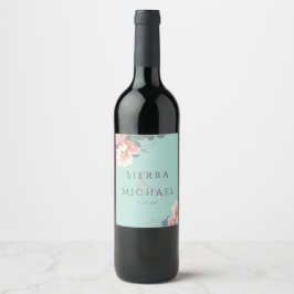 Etiqueta Para Botella De Vino Moderna recepción Rubor Mint Green Floral Wedding