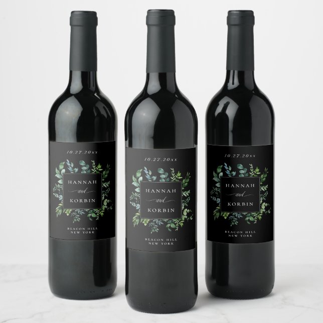 Etiqueta Para Botella De Vino Moderna vegetación botánica Boda negro (Botellas)