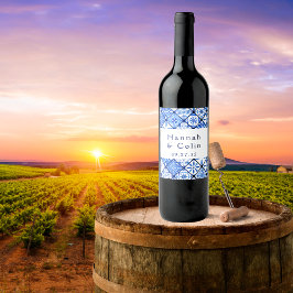 Etiqueta Para Botella De Vino Moderno Boda de mosaico azul mediterráneo