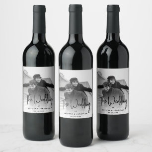 Etiqueta Para Botella De Vino Moderno Boda Minimalista de fotografía con manuscr