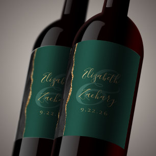 Etiqueta Para Botella De Vino Moderno Boda verde de la Agate de Oro Negro