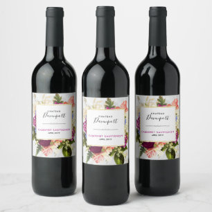 Etiqueta Para Botella De Vino Moderno Bouquet floral de color rosa y blanco