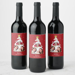 Etiqueta Para Botella De Vino Moderno Collage de fotos de árbol navideño merry r