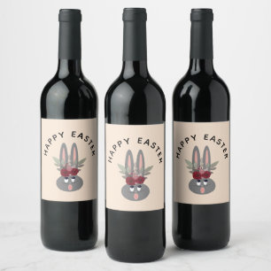 Etiqueta Para Botella De Vino Moderno conejito de Pascua Burgundy Floral Beige P