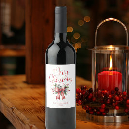 Etiqueta Para Botella De Vino Moderno guión navideño rojo Bow Holly