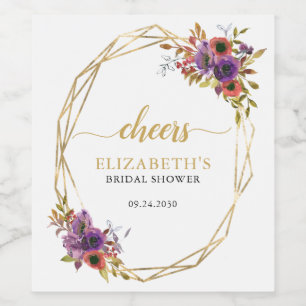 Etiqueta Para Botella De Vino Moderno Morple Gold Floral Cheque Bridal Shower