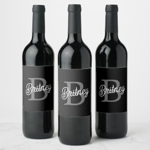 Etiqueta Para Botella De Vino Moderno y elegante nombre de monograma guión gris 