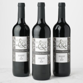 Etiqueta Para Botella De Vino Moderno Y Elegante Sprigs Floral Mr. y la Sra. Bod