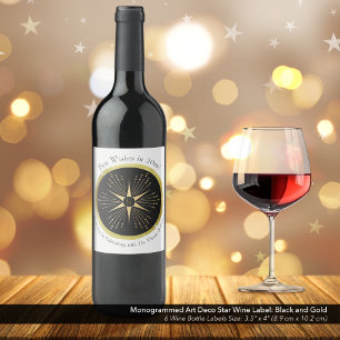 Etiqueta Para Botella De Vino Monograma Art Deco Estrella Negro y Oro