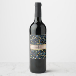 Etiqueta Para Botella De Vino Monograma Azul con Estampado de Leopardo Dorado