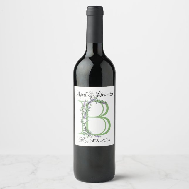 Etiqueta Para Botella De Vino Monograma B Lavender Eucalipto (Anverso)