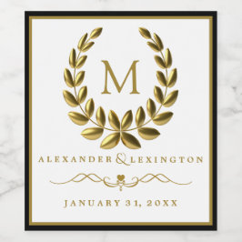 Etiqueta Para Botella De Vino Monograma con Laurel Wreath Black and Gold Boda
