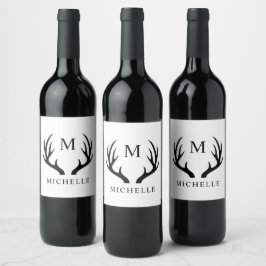 Etiqueta Para Botella De Vino Monograma De Antler De personalizable Blanco Y Neg