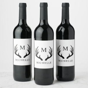 Etiqueta Para Botella De Vino Monograma De Antler De personalizable Blanco Y Neg