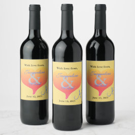 Etiqueta Para Botella De Vino Monograma de boda amarillo azul Corazón Puesta de
