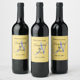 Etiqueta Para Botella De Vino Monograma de boda de azul de aciano y amarillo sua