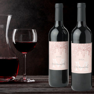 Etiqueta Para Botella De Vino Monograma de brillo rosa dorado rosado