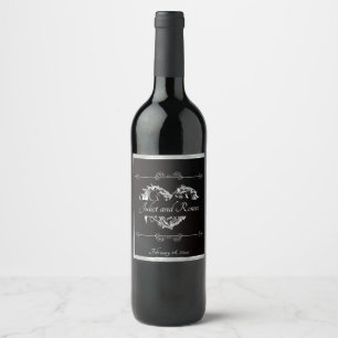 Etiqueta Para Botella De Vino Monograma de Corazón con Volutas - Negro