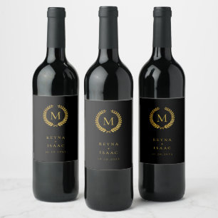 Etiqueta Para Botella De Vino Monograma de Corona de Laurel Dorada Moderna