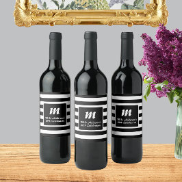 Etiqueta Para Botella De Vino Monograma de franja blanca y negra