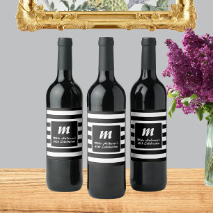 Etiqueta Para Botella De Vino Monograma de franja blanca y negra