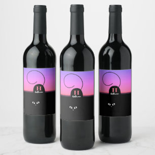 Etiqueta Para Botella De Vino Monograma de gato negro del atardecer de Halloween