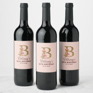 Etiqueta Para Botella De Vino Monograma de letra B dorada con rosas rosadas