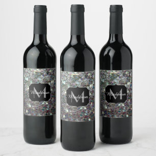 Etiqueta Para Botella De Vino Monograma de mosaico de plata colorido brillante
