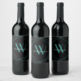 Etiqueta Para Botella De Vino Monograma de nombre de secuencia geométrica negro 