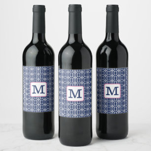 Etiqueta Para Botella De Vino Monograma de octágono blanco Navy elegante