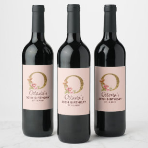 Etiqueta Para Botella De Vino Monograma de oro con letra O y rosas rosadas