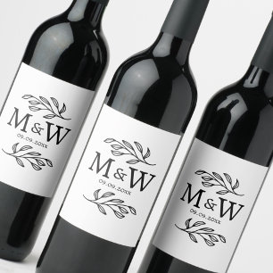 Etiqueta Para Botella De Vino Monograma de Pareja Fecha de Boda Botánico Elegant